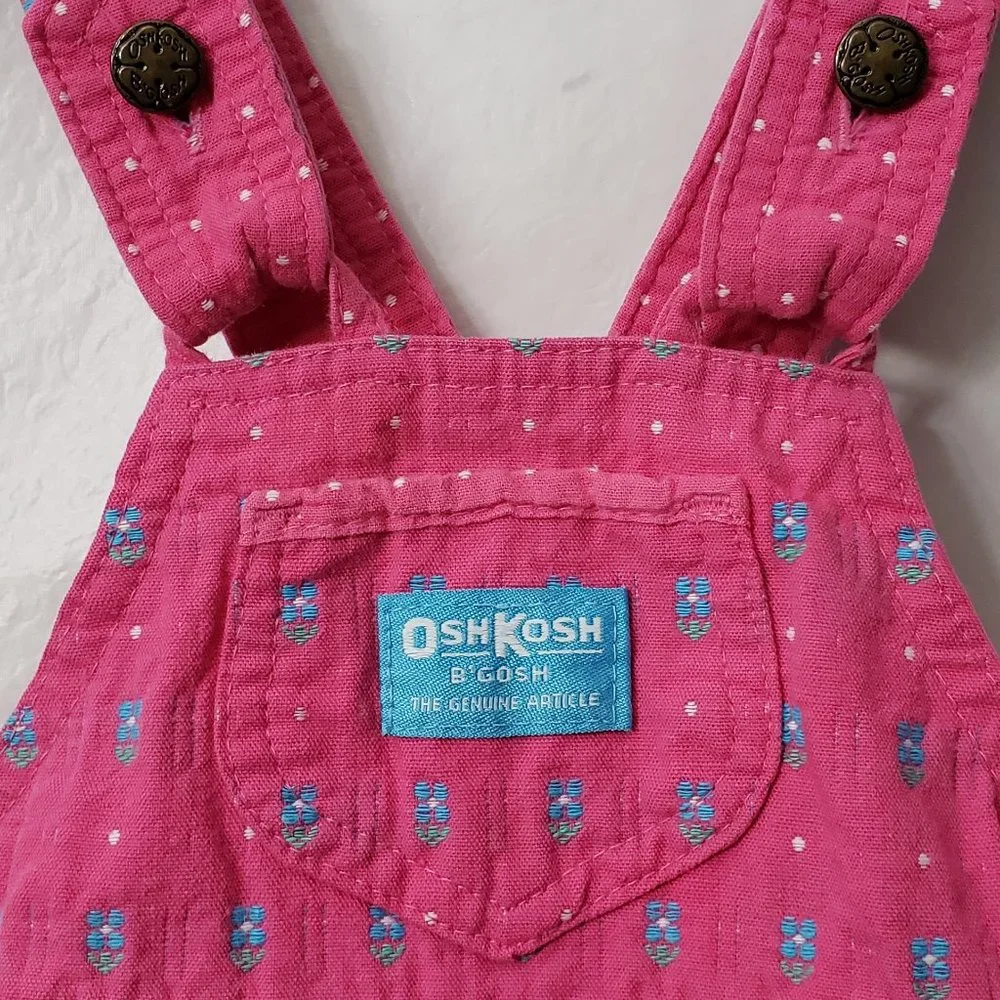Vintage OshKosh Vestbak Overall Dress 18 month PINK Denim Flower Bow USA 80s